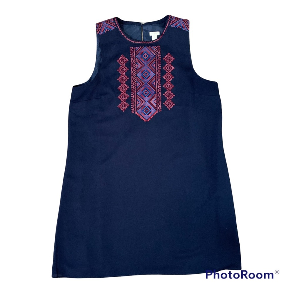 J. Crew Navy and Red Embroidered Midi Dress